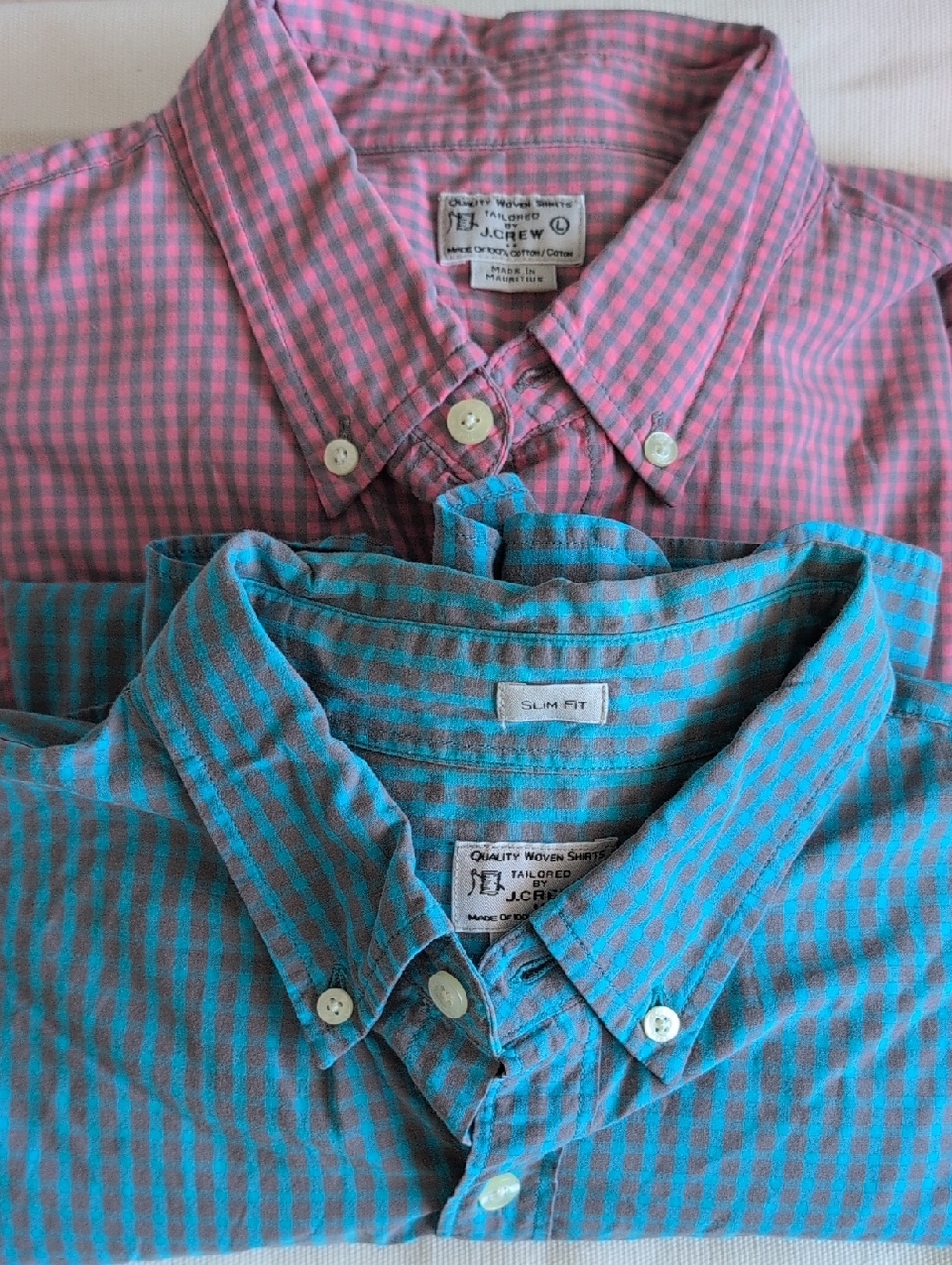 2 J. Crew Factory Mens Pink Gingham And Blue Gingham Button-Down Shirt Cotton L